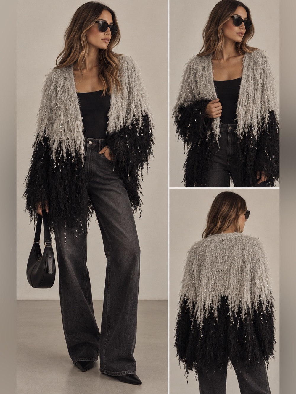 Zara Two-Tone Fringe Open Knit Cardigan - Gray & Black